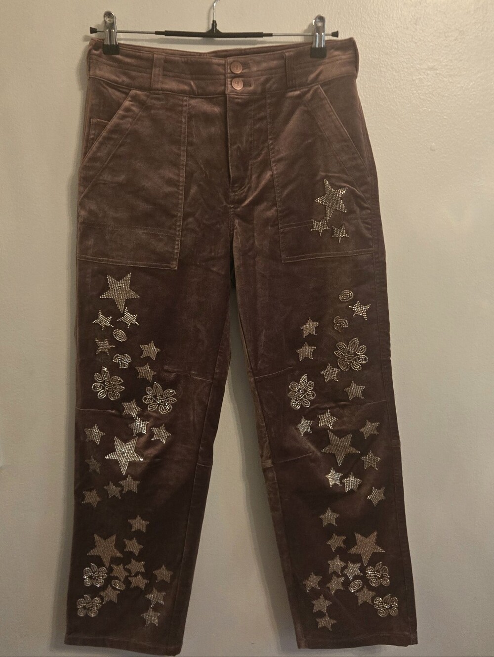 Pilcro The Wanderer Brown Velvet Beaded Stars Pants NWT Size 27